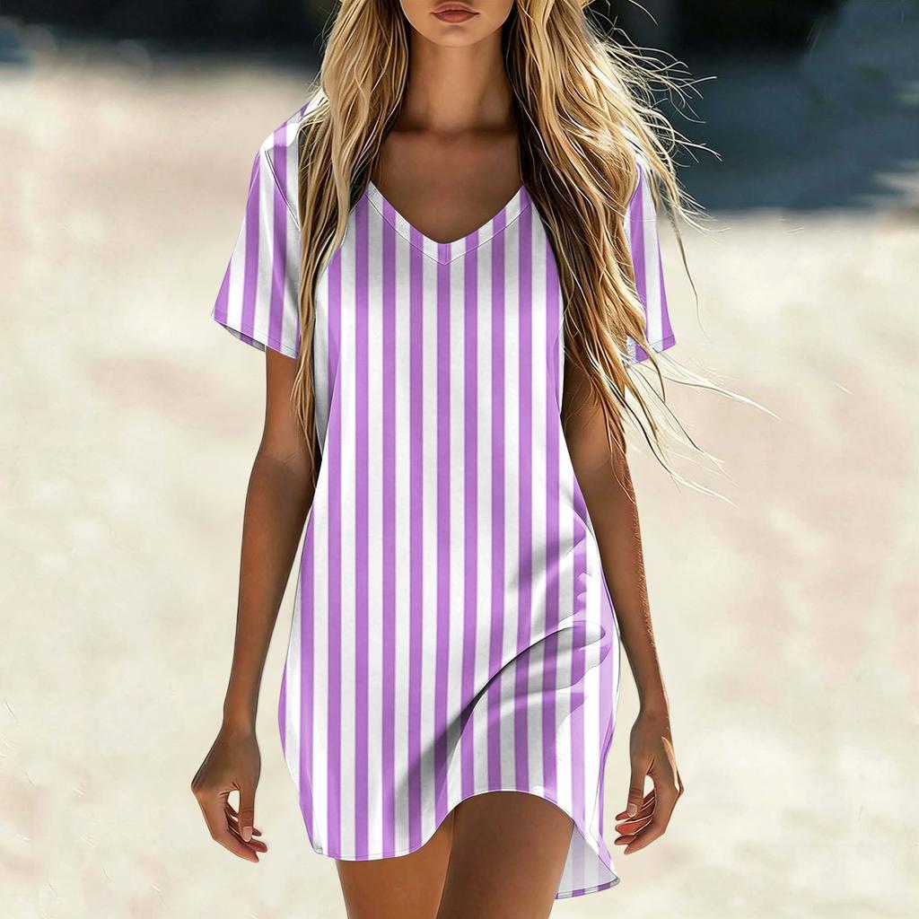 Women's Summer Casual V Neck Short Sleeve Striped Dress Loose Fit Lightweight Soft Fabric Knee Length