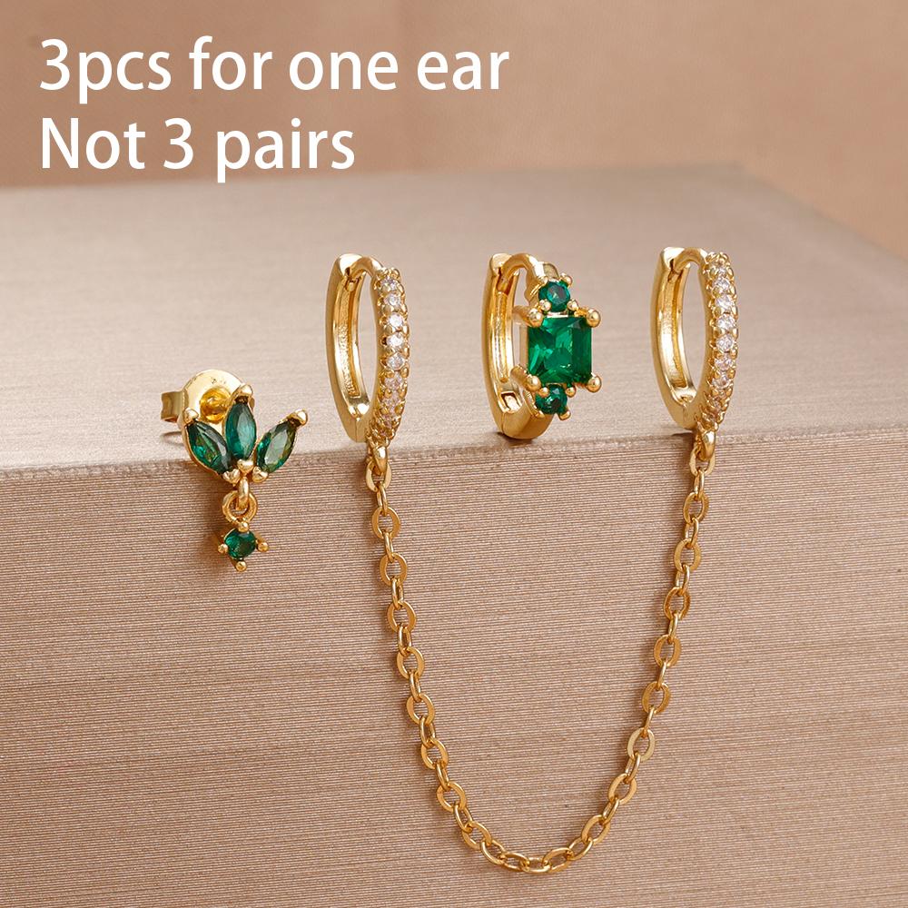 3PCS Exquisite Green CZ Zircon Water Drop Gold Color Earrings Set for Women Dainty Stackable Piercing Earring Luxury Jewelry