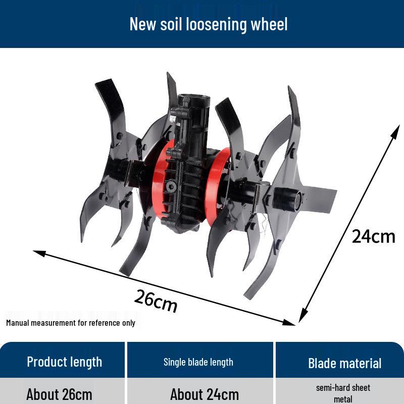 

Насадки для газонокосилки: Прямой нож, Косой нож, Колесо для рыхления почвы, Колесо для копания канав, Прополочное колесо, Колесо для глубокой обработки почвы, Универсальный.