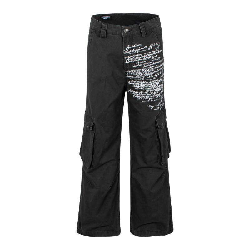 American High Street Letter Print Cargo Straight Leg Jeans Washed Distressed Wide Pants Unisex