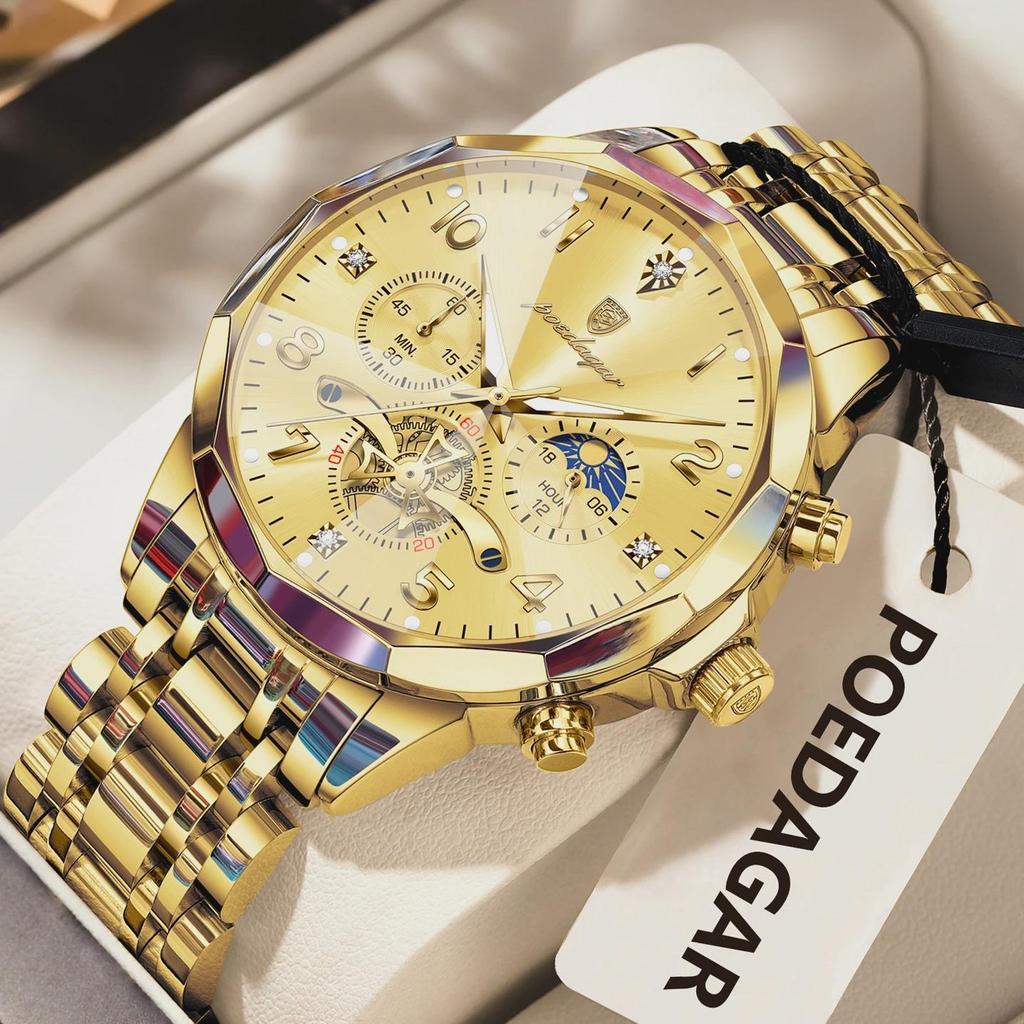 POEDAGAR Exquisite Business Men Watch Waterproof Luminous Chronograph Luxury Man Watches Stainless Steel Men's Quartz Wristwatch