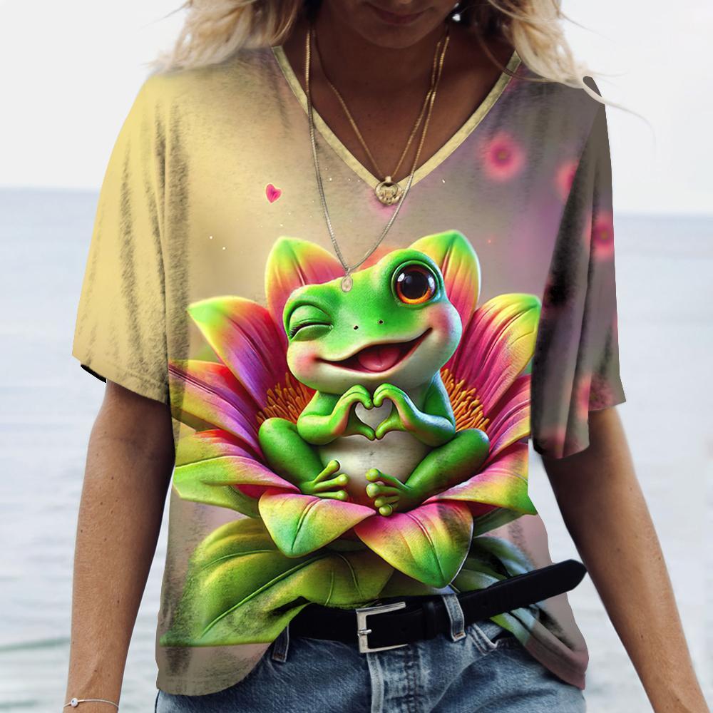 

Женская футболка с принтом лягушки и цветочным узором, уличная ретро-мода, повседневная футболка оверсайз, летняя женская футболка XXL