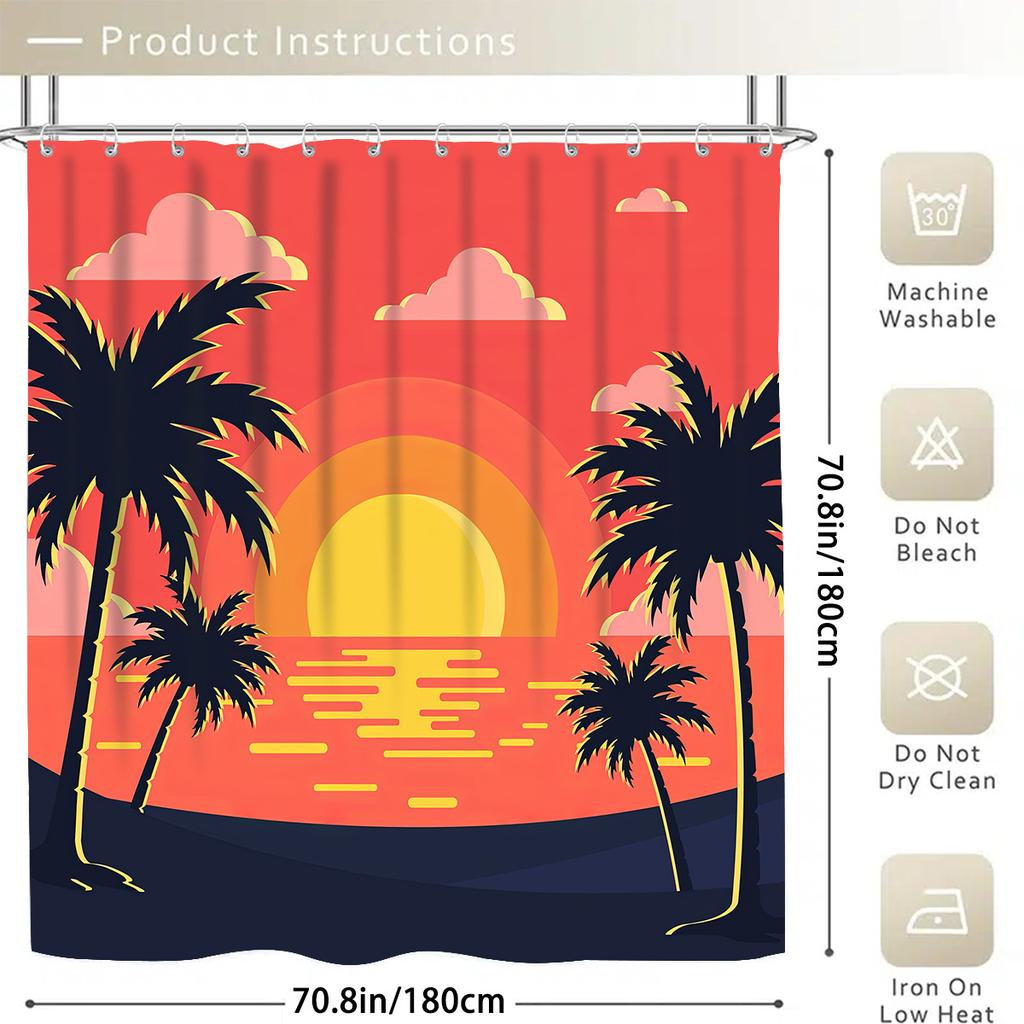 Coconut Tree Decorative Shower Curtain Bathroom Set - Machine Washable, With 12 Hooks, Including Toilet Seat Cover And Bathtub
