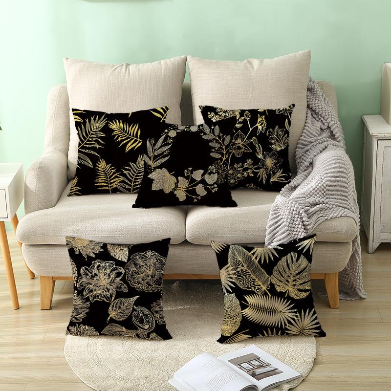 Home Furnishings Black Gold Leaf Print Cushion Cover Office Cushion Cover Waist Pillow Cover