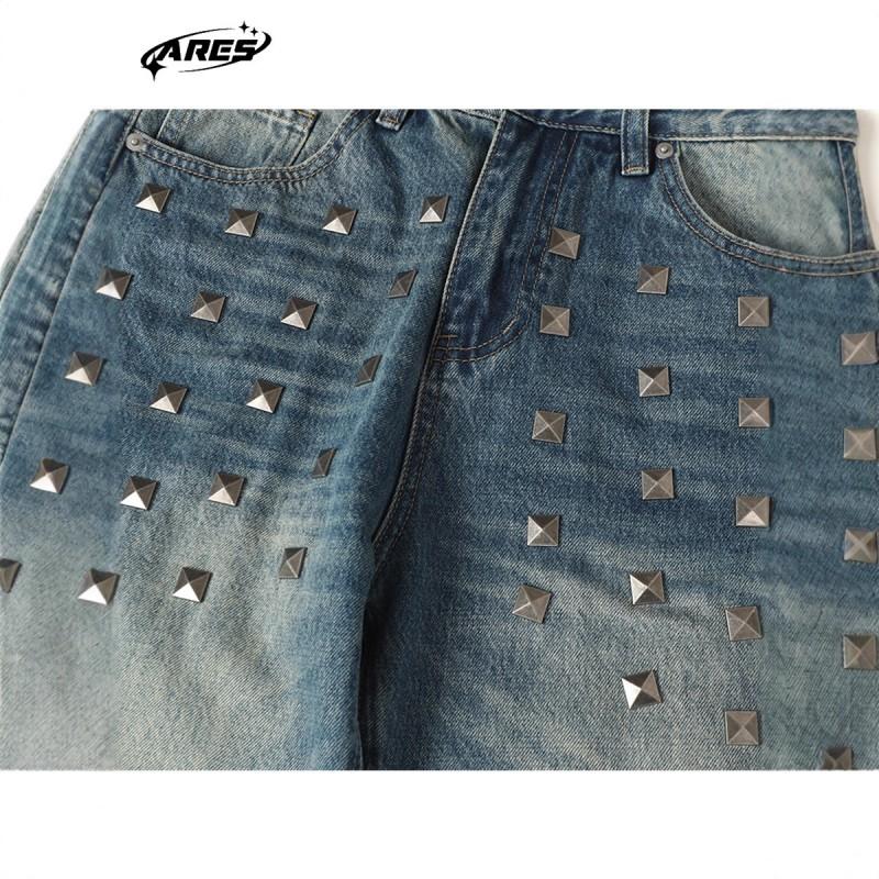 ARES American Heavy Industry Square Nail Flared Blue Jeans Mens Fall Distressed Washed Denim Pants
