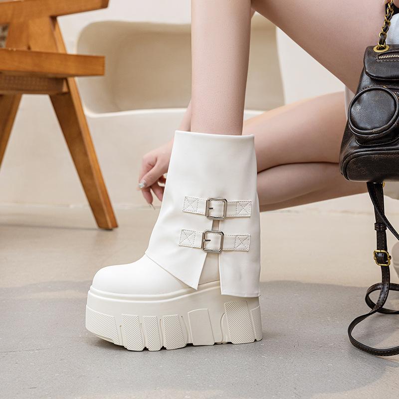 Fashion High Quality 14CM Ankle Booties Shoes Natural Genuine Leather Boots Women Motorcycle Boots Platform Ladies Fashion Botas Autumn