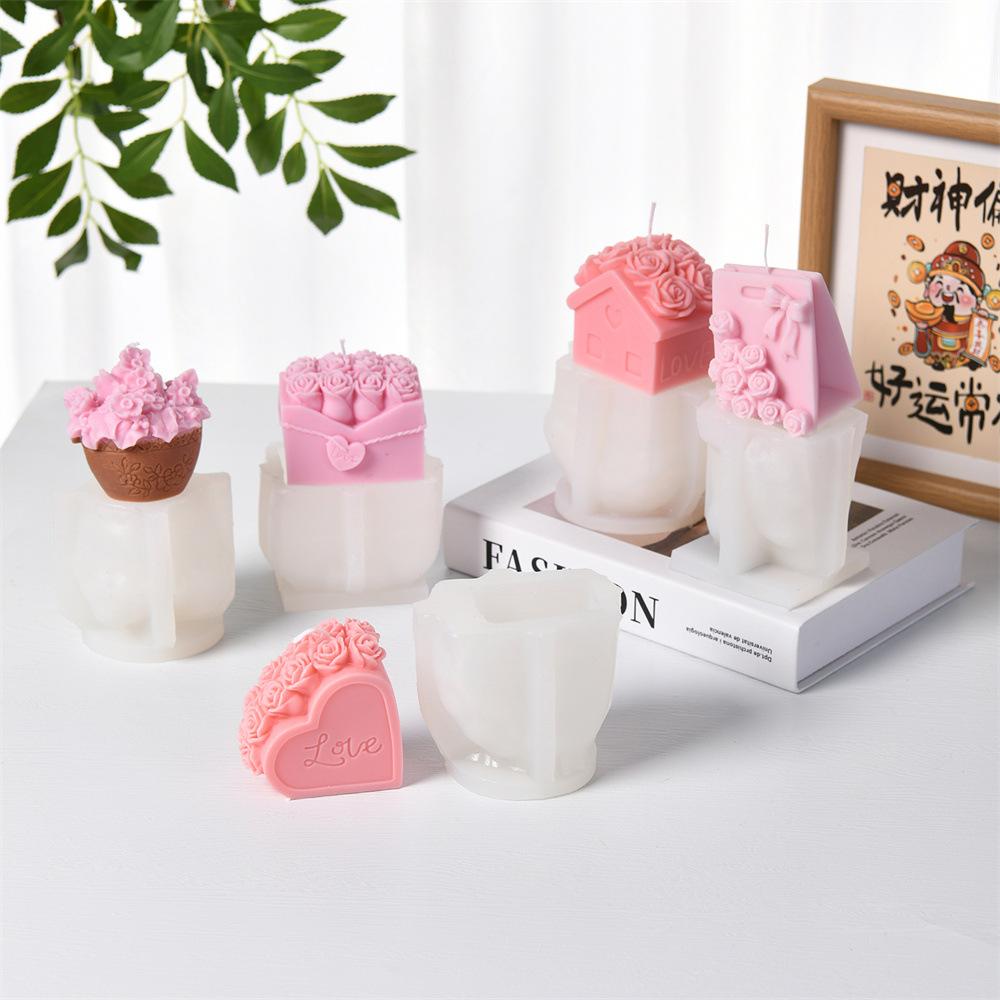 DIY Love Rose House Candle Mold 3D Gift Box Flower Pot Aromatherapy Soap Silicone Candle Making Tool Valentine's Day Decoration