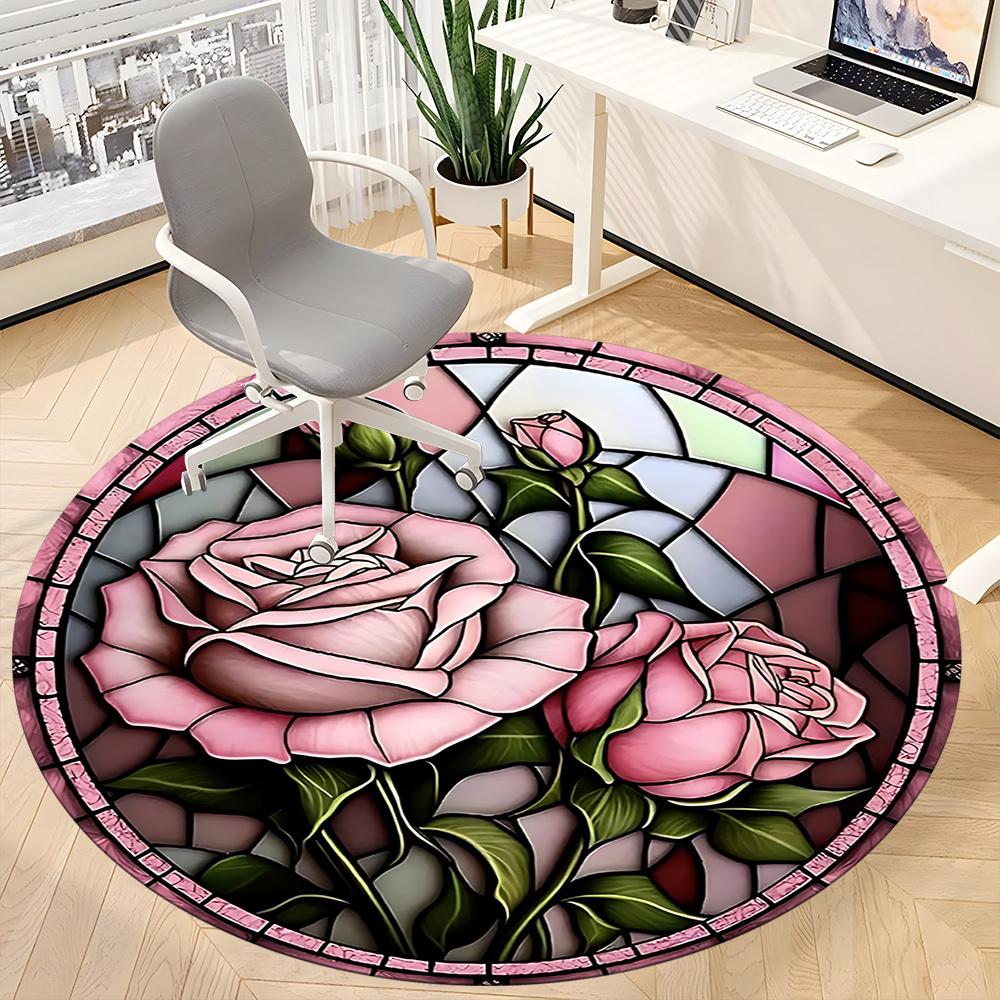 1pc Rose Window Office Round Area Rug, Indoor Mat Suitable For Office, Under Office Chairs Bedroom Living Room Home Decor, Room Deco