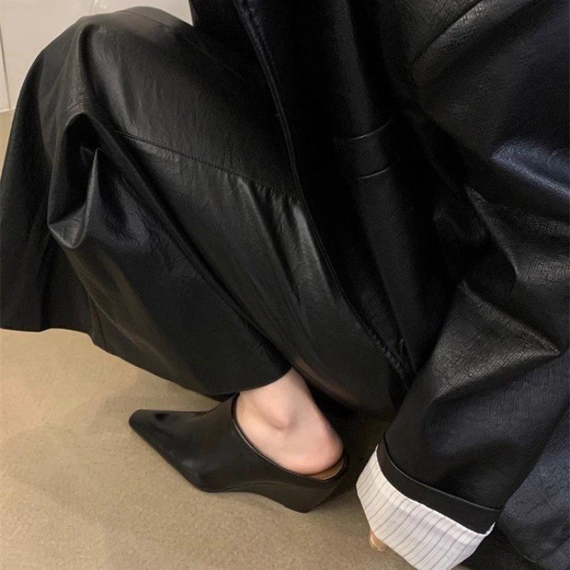 Fashion New Style Popular Baotou Half Women's Soft Leather Slope Heel High Cool Fashion Outwear Thick Lazy Muller Shoes Zapatos Mujer