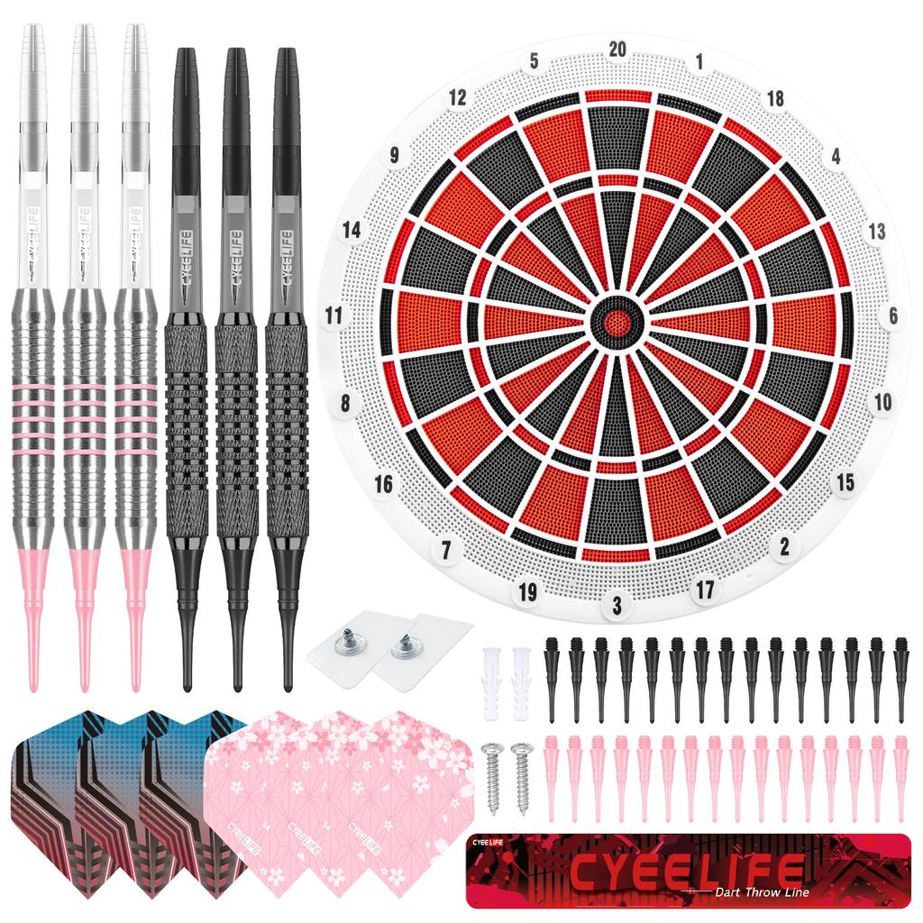 CyeeLife Soft Tip Dartboard Professional Set, Includes 6 Dart Boards with Arrows, 6 Flights, 30 Tips, 1 Throw Line, and 2 Board Stands