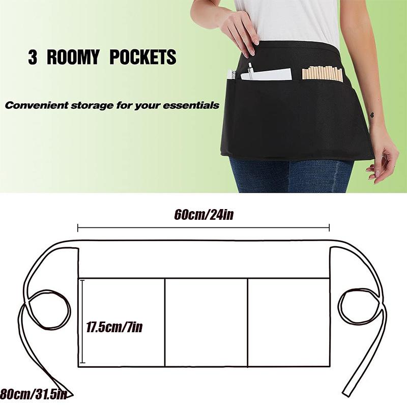 1PC Server Aprons with 3 Pockets - Waitress Aprons for Women Men Water Resistant Half Aprons with Added Long Waist Strap