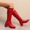 Red Black Women Knee High Boots Round Toe Mid Chunky Heels Small Big Size 32 46