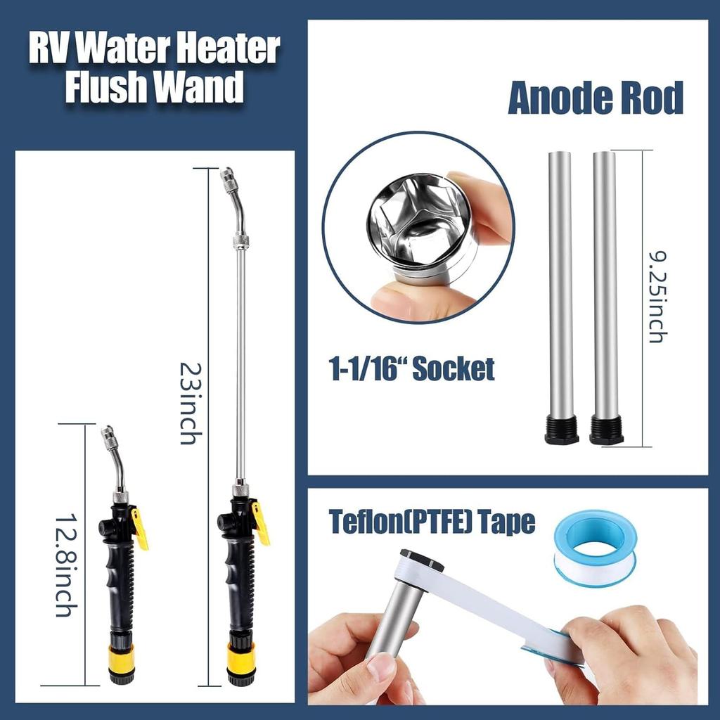 5 Pack RV Water Heater Anode Rod & Flush Wand Kit With Hex Wrench Socket Removal Tool, 9.25"L X 3/4" NPT Aluminum RV Hot Water Heater Anode Rod For