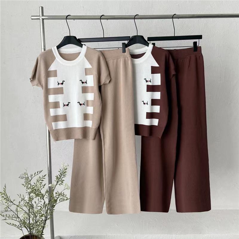 

2026 Women s Summer Casual Knit Top & Wide-Leg Pants Set with Embroidered Puppy Design One Size хаки