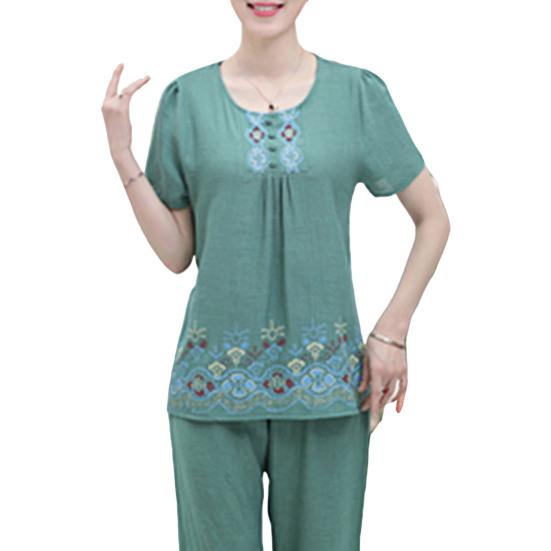 2 Pcs/Set Women T-shirt Pants Set Flower Print Round Neck Short Sleeves Elastic Waist Wide Leg Sleeping Loose Button Decor Plus Size Mom Nighty