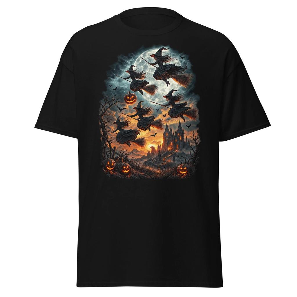 HALLOWEEN WITCHES T-Shirt Black Unisex Full Moon Pumpkin Flying Broomstick Tee