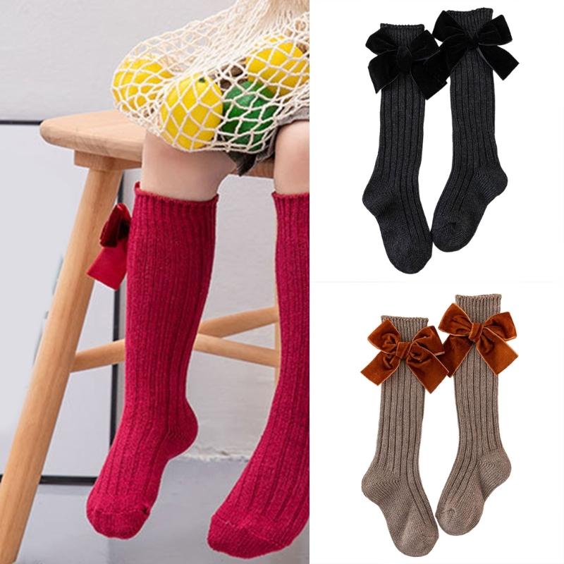 1 Paar Süße Baumwoll-Wadenlange Socken Mit Schleifenmuster-Design Für Kleine Mädchen Alltagsparty