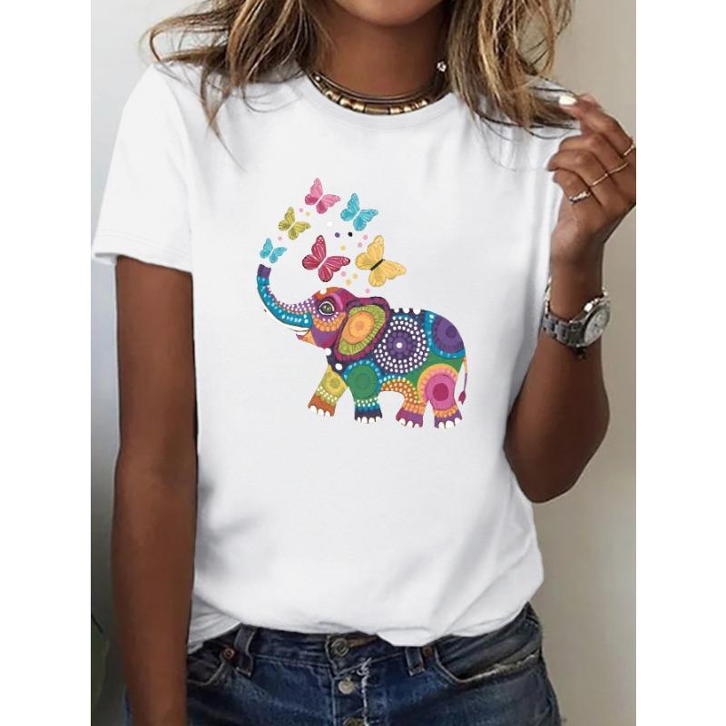 

Soft and Comfortable Women s T-shirt with Short Sleeves, Round Neck, Casual Style, and Vibrant Elephant and Butterfly Patterns. XL