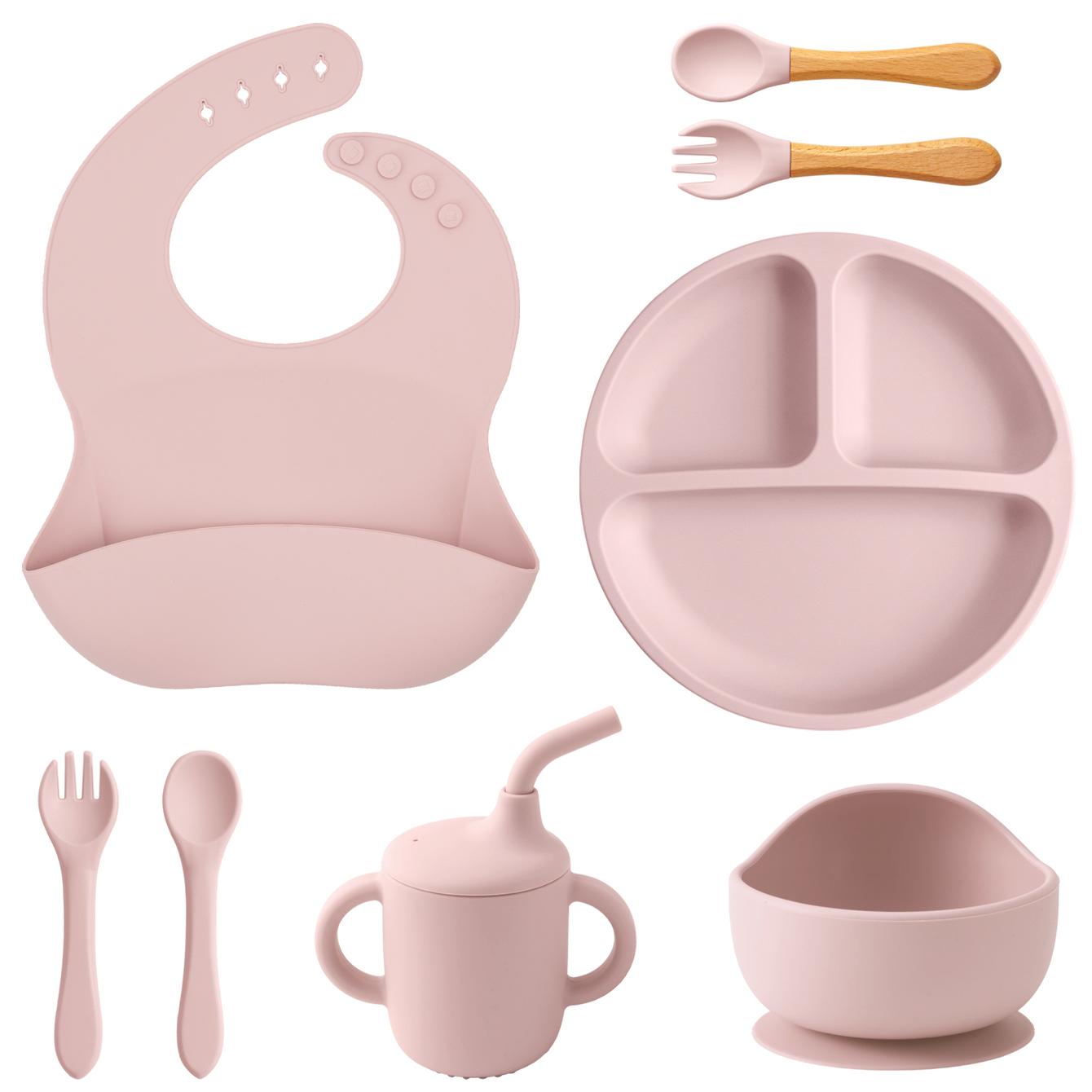 

Color Kids 8PCS Silicone Baby Feeding Set With Bowl Suction Plate BPA Free Waterproof Bib Spoon Fork Toddler Training Utensils