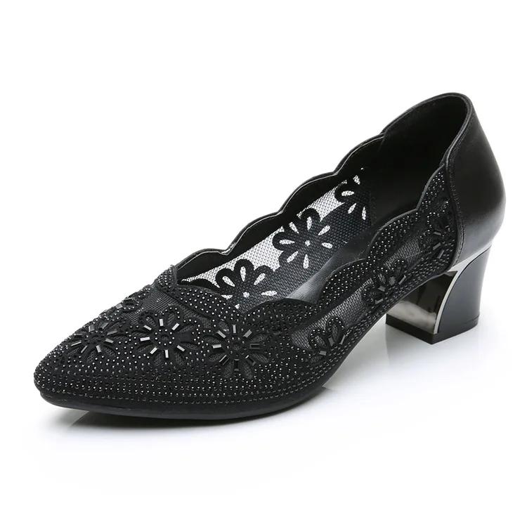 Woman Spring Summer Fashion Hollow Genuine Leather Pumps Women Shoes Heels Square Heel Mesh Ladies Office Shoes Crystal 35 чёрный 5240₽