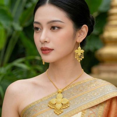Fashion Alloy Necklace Earrings Set Thai Bohemian Style Gold Plated Jewelry Set Tassels Flower Women Jewelry Suit Wedding