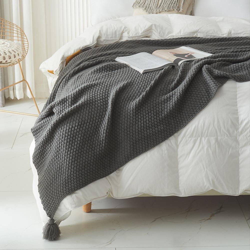 with Tassel Nordic Knitted Blanket Waffle Pattern Sofa Blanket Simple Nap Blanket  Air Condition