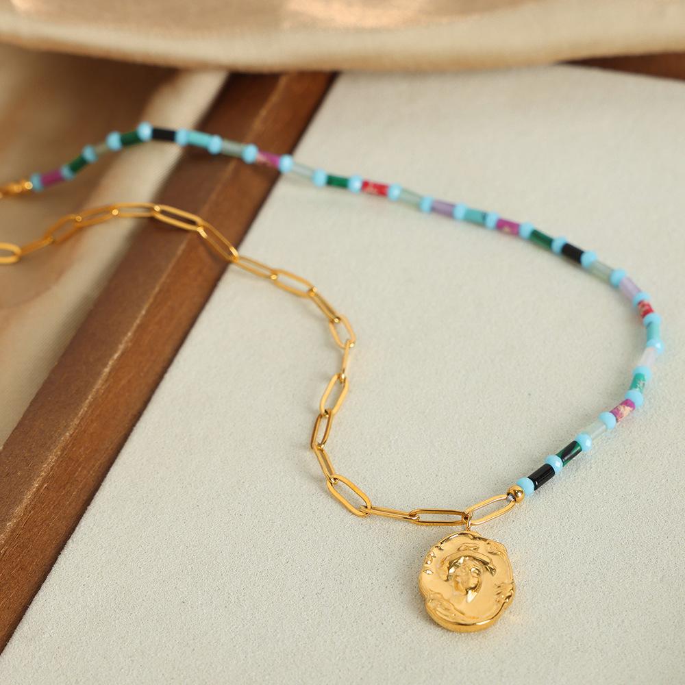 Natural Stone O-Chain Relief Pendant Necklace Titanium Steel Empress Dowager Personality And Temperament Versatile Splicing Collarbone Chain Jewelry
