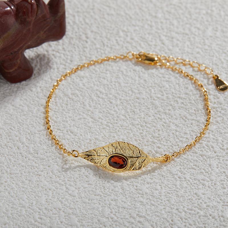 Original Leaf Design S925 Sterling Silver With Natural Garnet Topaz Peridot Colored Treasure Necklace Set