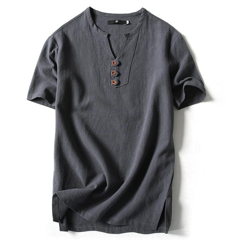 Summer  men's cotton and linen short-sleeved T-shirt men's three-button solid color large-size youth stand-up collar top
