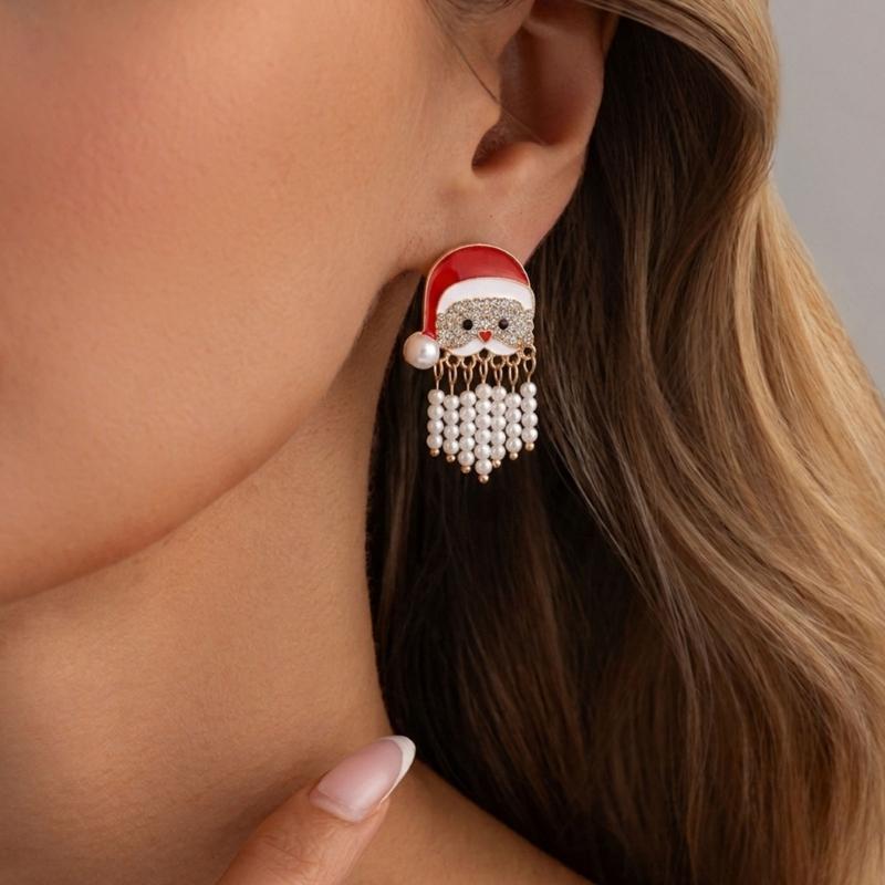 Santa Dangle Earrings for Christmas Outfits, Gold Tone Holiday Statement Pair with Bright Finish for Festive Gatherings