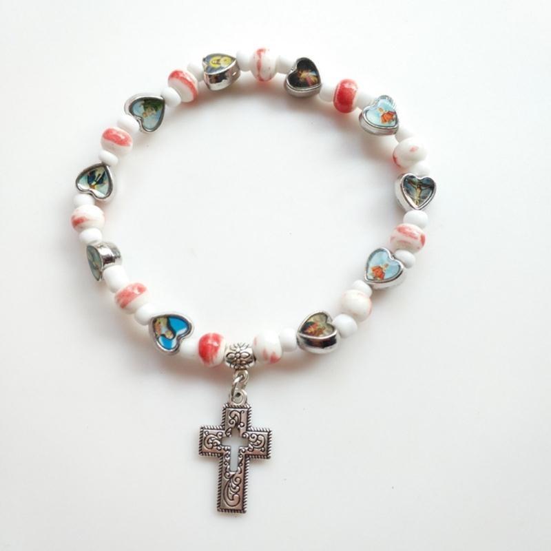 Jesus Cross Rosary Bracelet Lady Virgin Mary Jesus Cross Handmade Bead Chain Rose, Sacred Heart Compassion Rosary Bracelet Gift