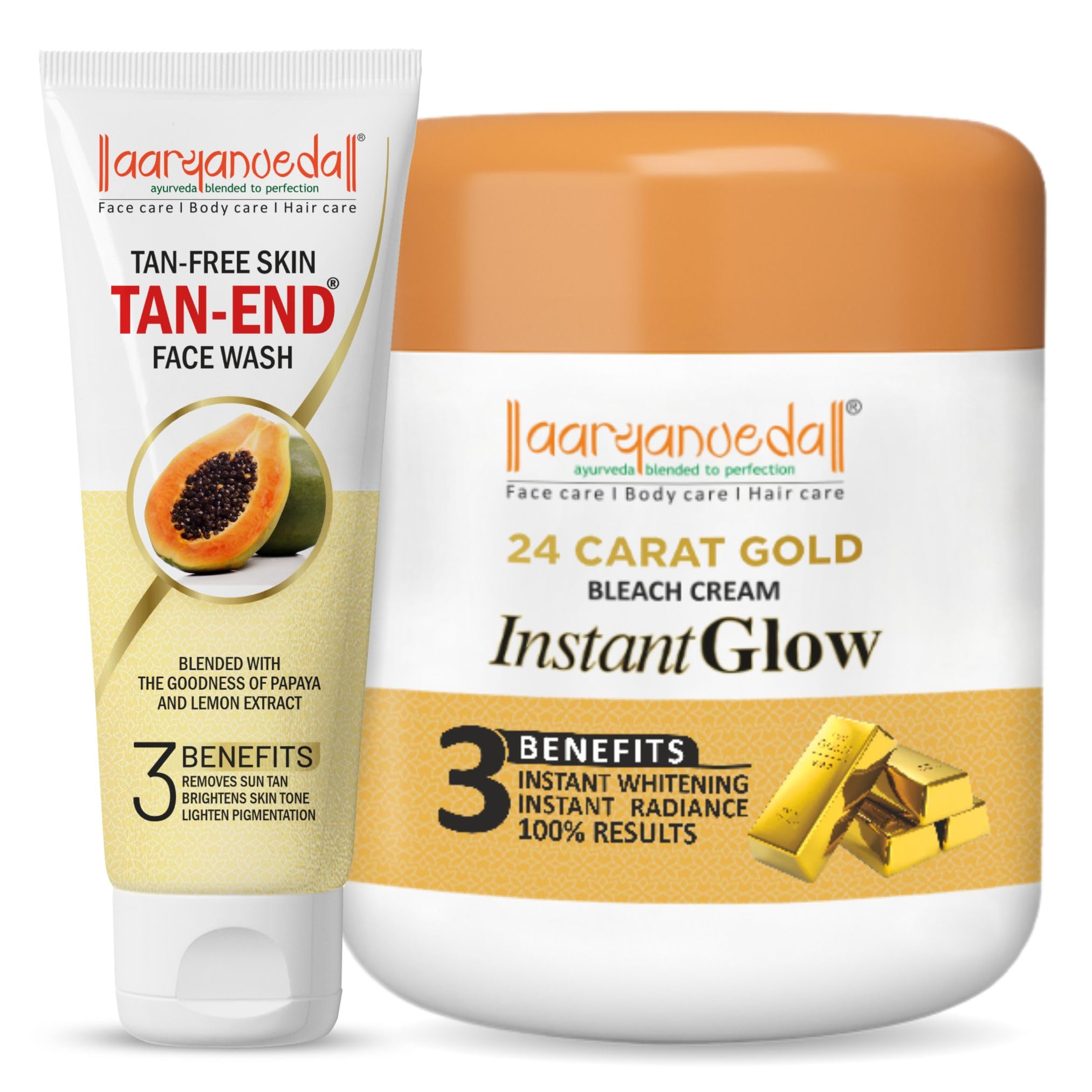 Aryanveda 24 Carat Gold Bleach Cream 400g with Tanend Tan Removal Face Wash 60ml | Skin Brightening & Tan Removal Combo