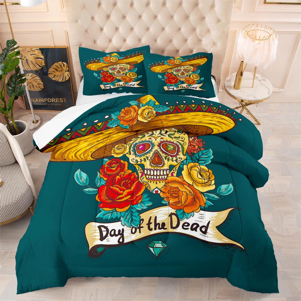 Black Skull Rose Halloween Quilted Comforter Set - 3 Piece