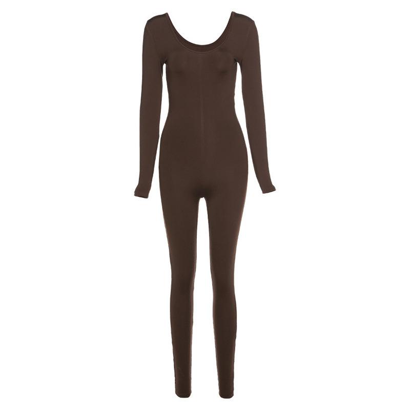 Women's Solid Color Low-Neck Tight-Fitting Long-Sleeved High-Waist Trousers Sports Fitness Jumpsuit