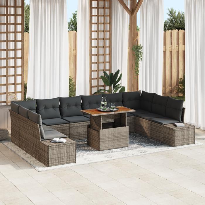 VidaXL Ensemble de salle à manger de jardin 11 pièces avec coussins en poly rattan gris et acacia 3350013