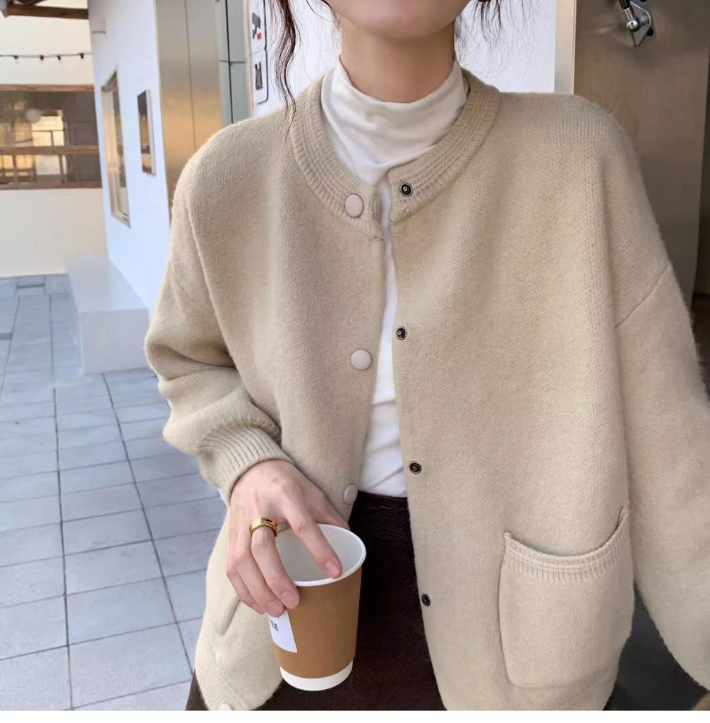 Women's Pink Korean-Style Loose Fit Cardigan - Soft, Long-Sleeved, Perfect for Autumn and Winter