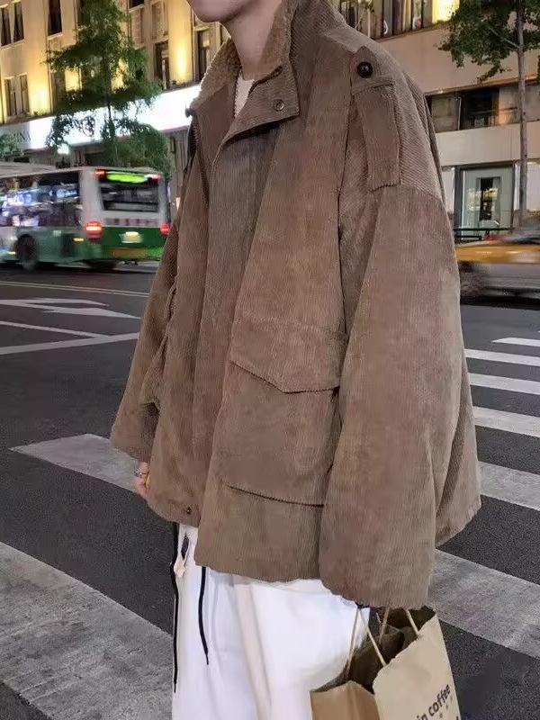 Herren Cord Baumwolljacke im Hongkong-Stil mit warmem Lammwollfutter und Stehkragen