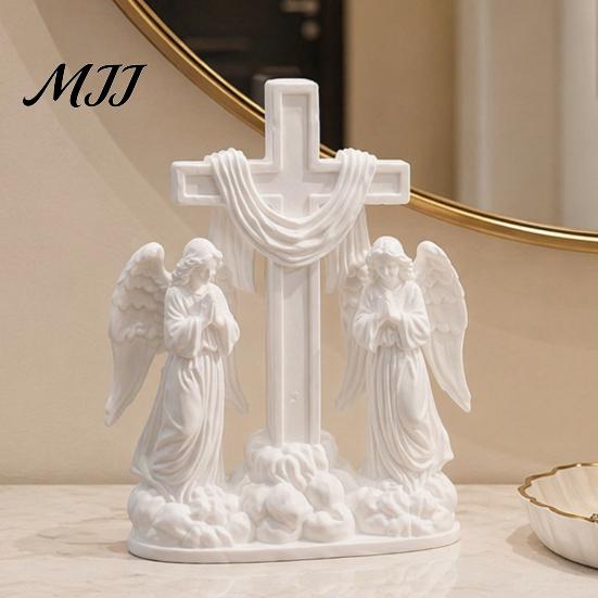 Minimalist Angel Desk Decor 3D Printed Praying Ornament, Dual Angels with Flowing Cloud Base, Sacred Pure White Matte Statue Sculpture for Prayer