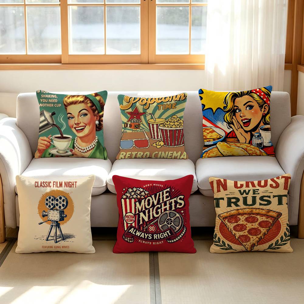 Coffee Pizza Retro Cinema and CafThemed Cushion Cover Decorative Pillow Sofa Home Decor Case Pillow Cases