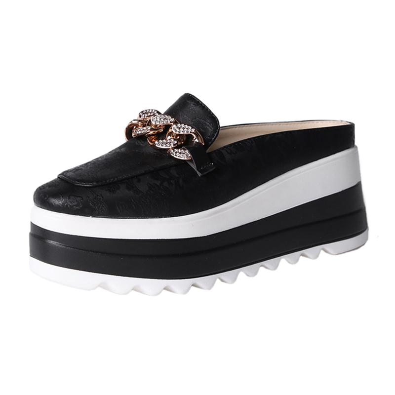 fashion Metal Chain Decor Chunky Platform Mules for Women 2024 Summer Thick Sole Wedge Slippers Woman Closed Toe Slip On Casual Slides