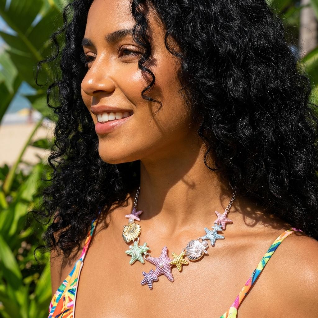 Summer Beach Colorful Vibe Starfish Shell Necklace for Women Imitation Pearl Choker Clavicle Chain Holiday Party Jewelry Gift