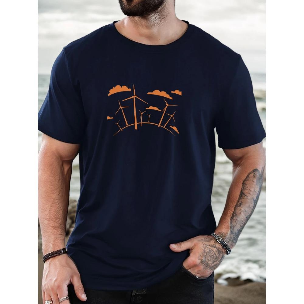 Men's Windmill Pattern Summer Casual Crew Neck Short T-Shirt