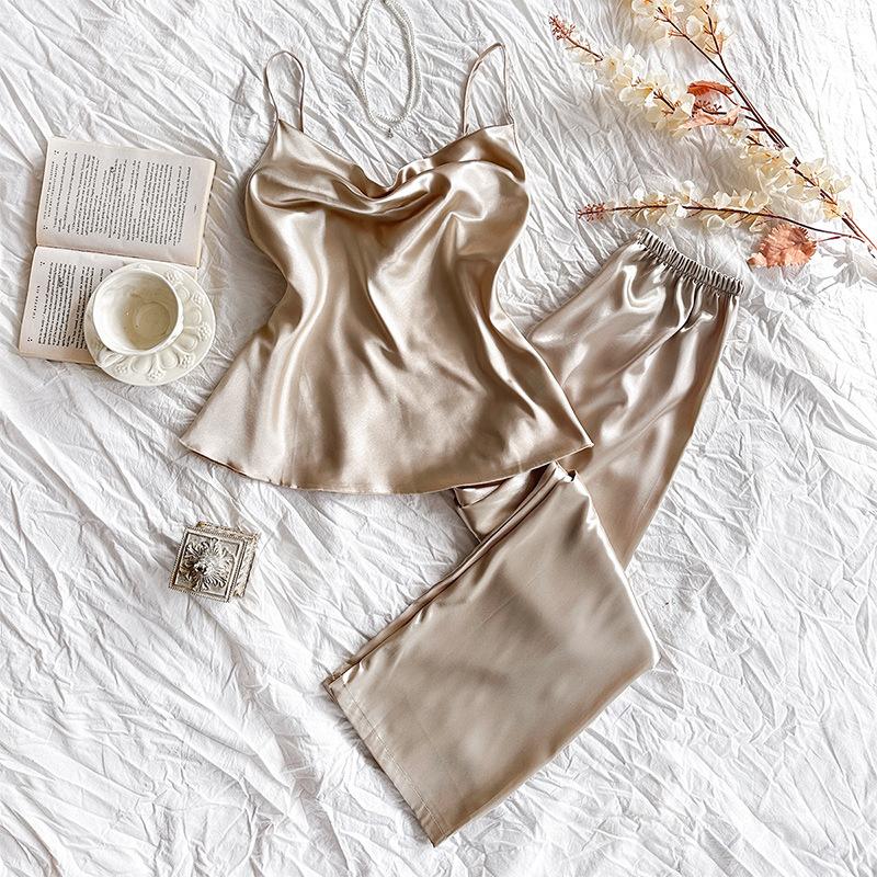 

Пижама весна и лето подтяжки длинные брюки костюм мода сексуальный тонкий срез имитация шелка домашняя одежда S хаки