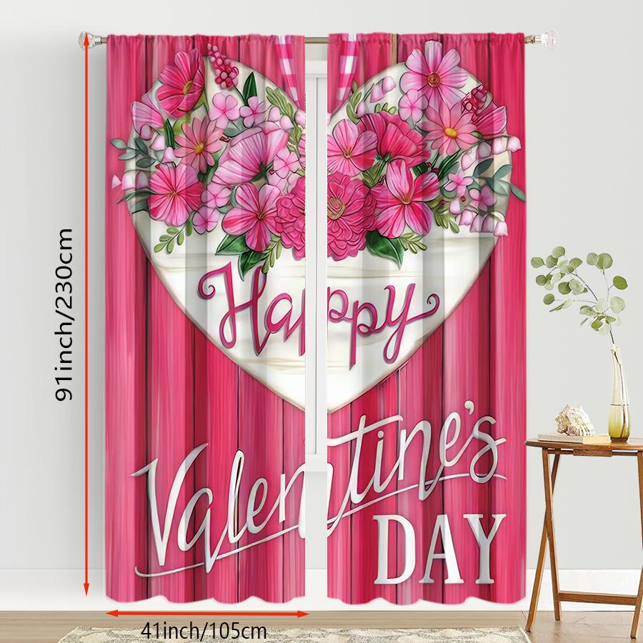 2PCS Pink Valentine's Day Theme Curtains   Romantic Style   Bedroom Living Room   Drawbar Pocket Decorative Curtains