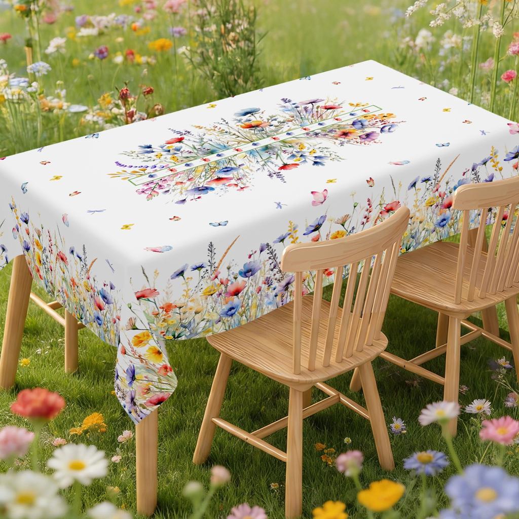 Wildflower Tablecloth Colorful Floral Butterfly Polyester Table Cover for Picnic Dinner Spring Summer Holiday Party Supplies