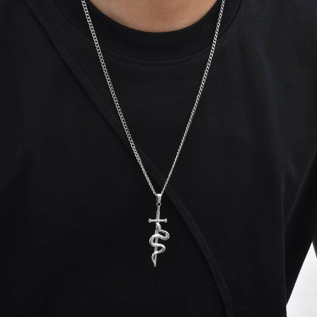 Vnox Stainless Steel Punk Cross Snake Pendant Necklace for Men, Cuban Chain Silver Color Snake Necklaces, Daily Jewelry Gifts