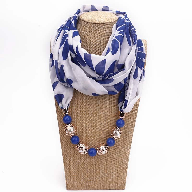 Floral Print Scarf Necklace with Beaded Chain – Elegant Women’s Fashion Jewelry & Versatile Infinity Scarf