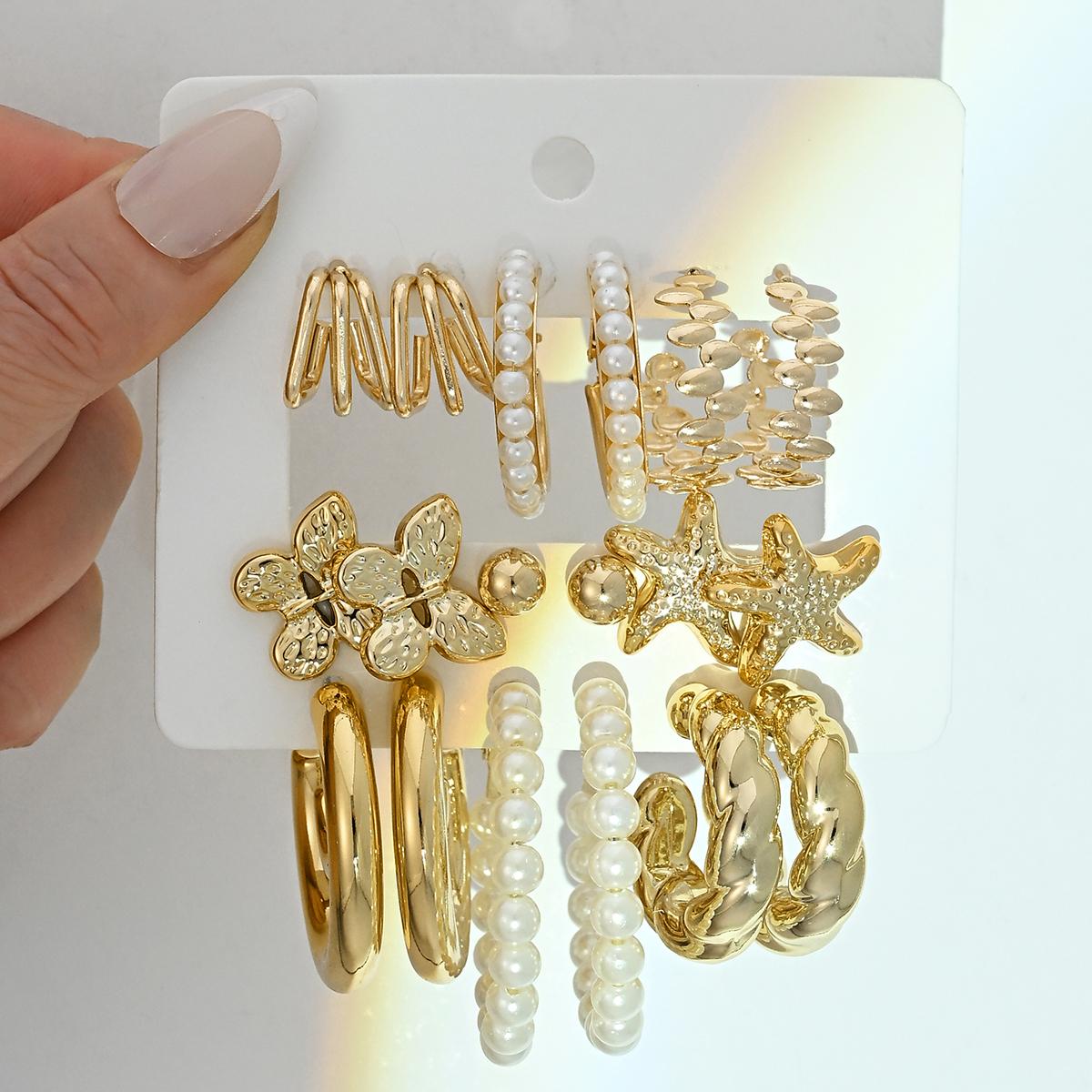 18Pcs Gold Plated Earring Set Butterfly Starfish Pearl Hoop Earrings for Women Vintage Twisted Textured Open Cuff Trendy Jewelry