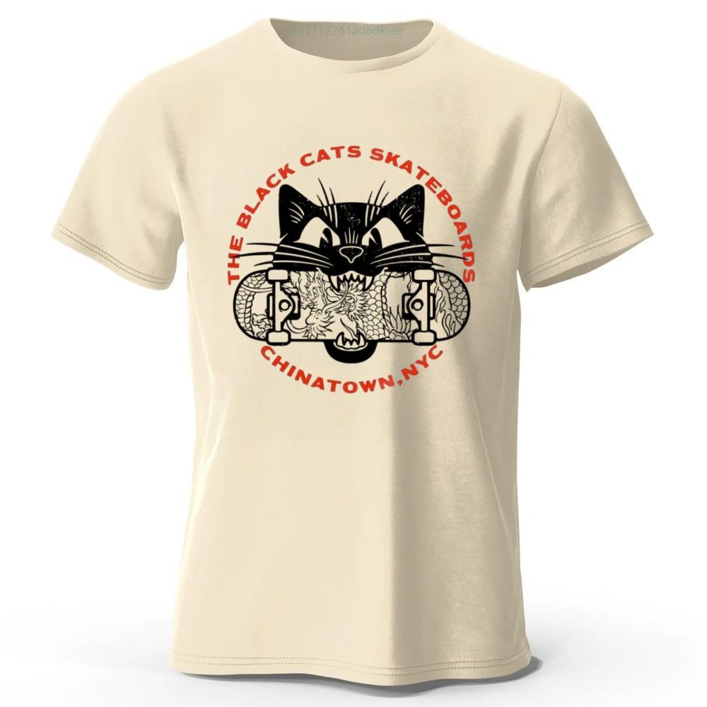 

Trendy Fashionable Black Cat Printed Pure Cotton Short Sleeved Men Loose Plus Size Soft and Comfortable T-shirt Top S бежевый