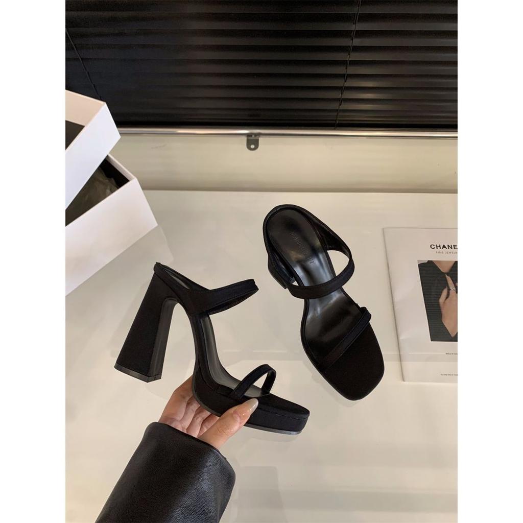 thick heel super high heel leopard print one-word slippers women's shoes wear 2025 new summer temperament black sandals